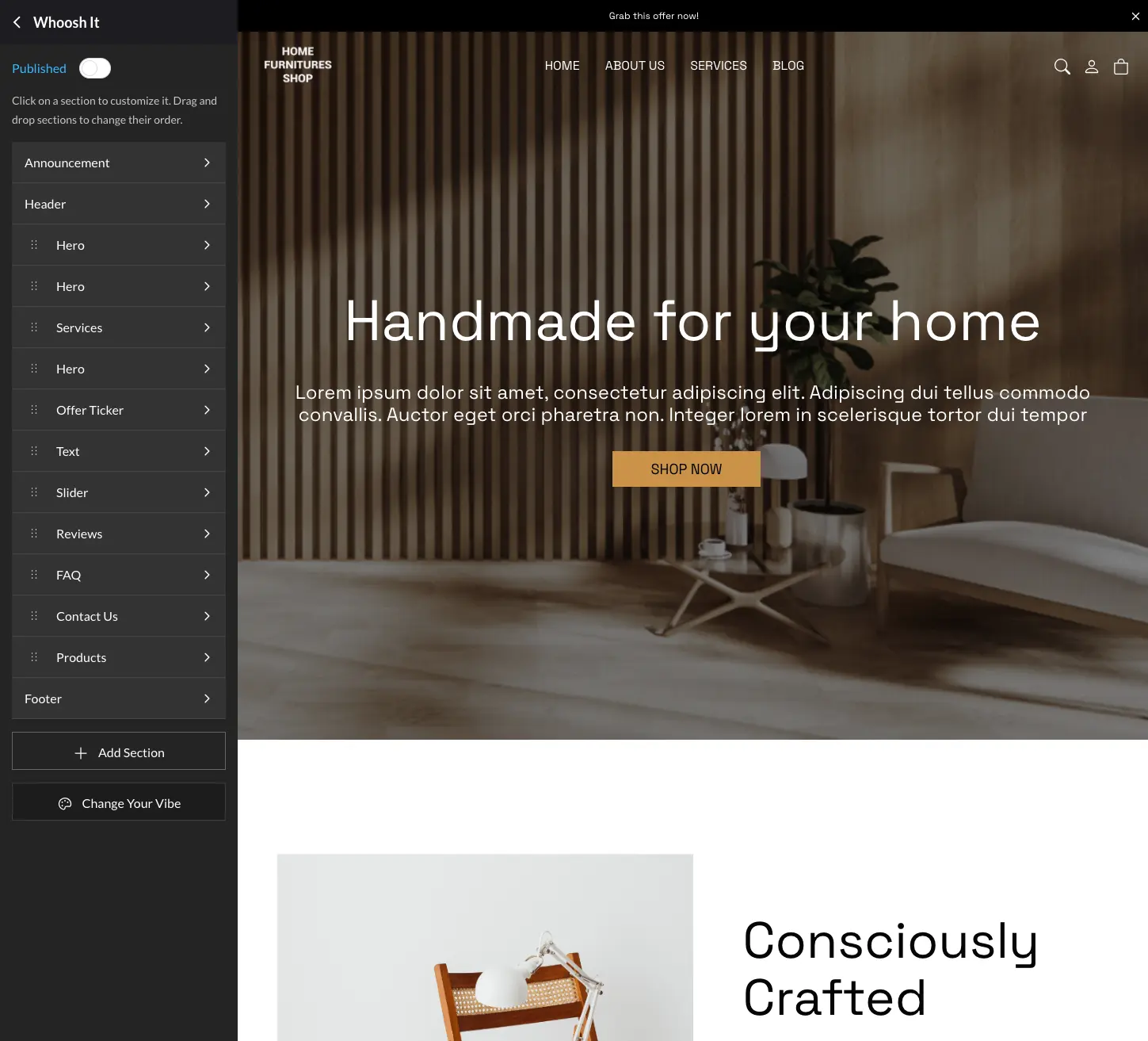 Customize your store front with Whoosh\’s drag and drop site builder