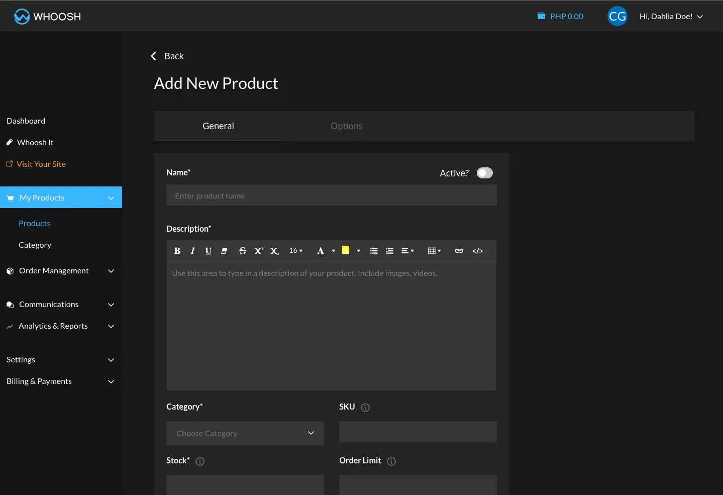 Customize your store front with Whoosh\’s drag and drop site builder