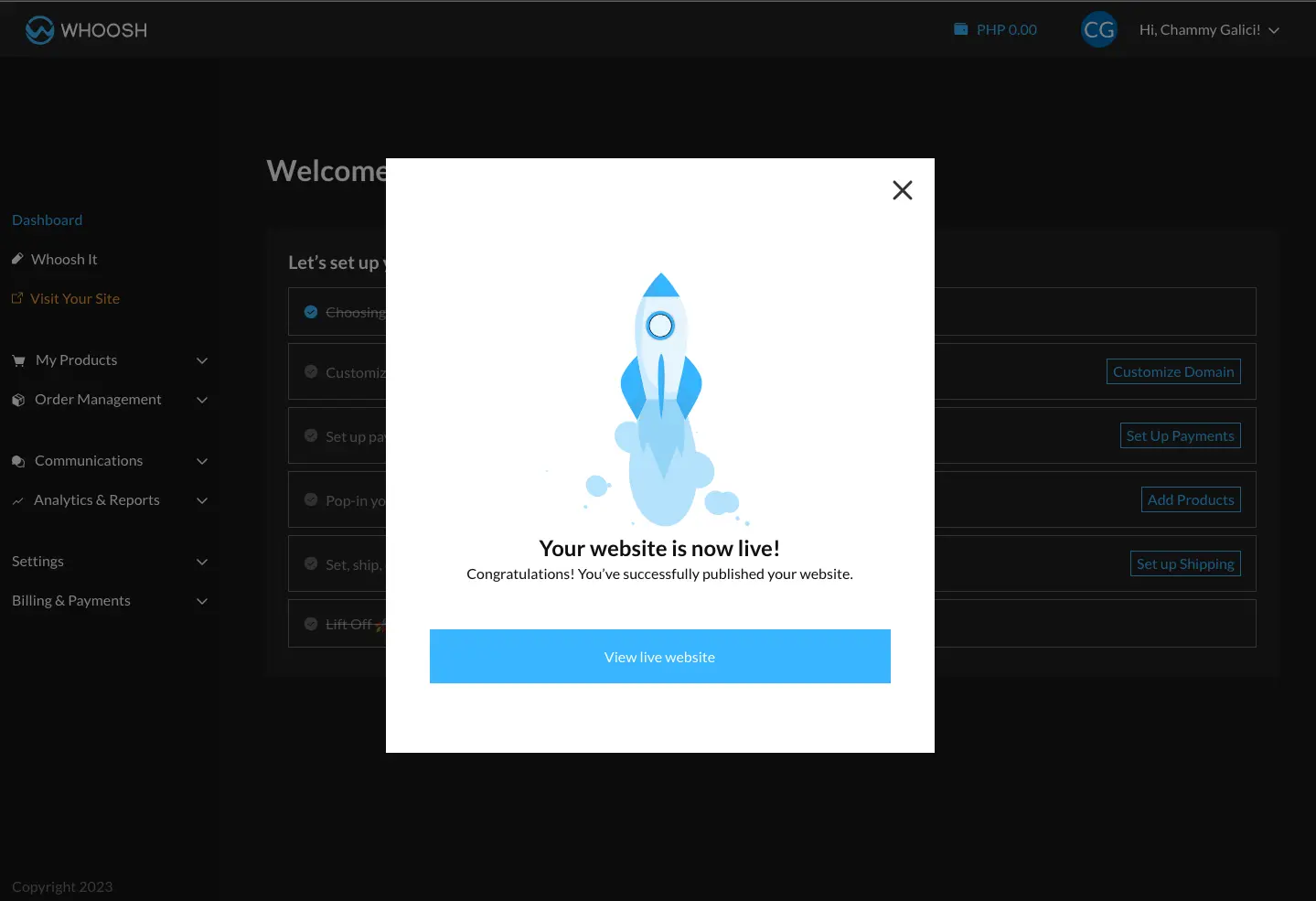 Customize your store front with Whoosh\’s drag and drop site builder